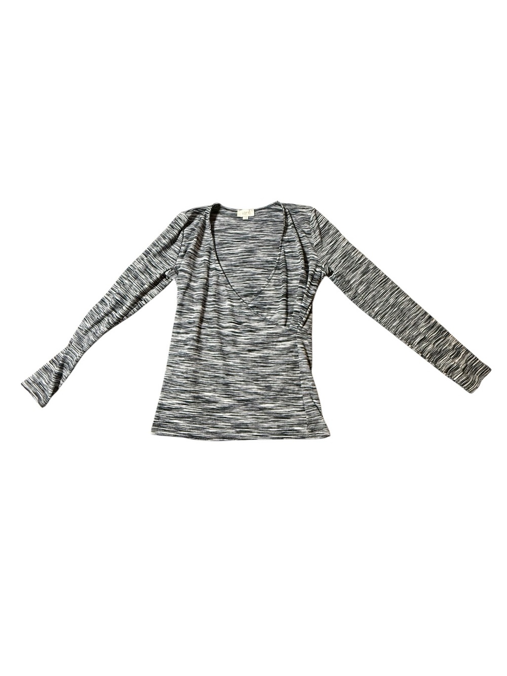 LOFT Outlet Faux Wrap Top M Grey Black Space Dye Marled Long Sleeve V-Neck